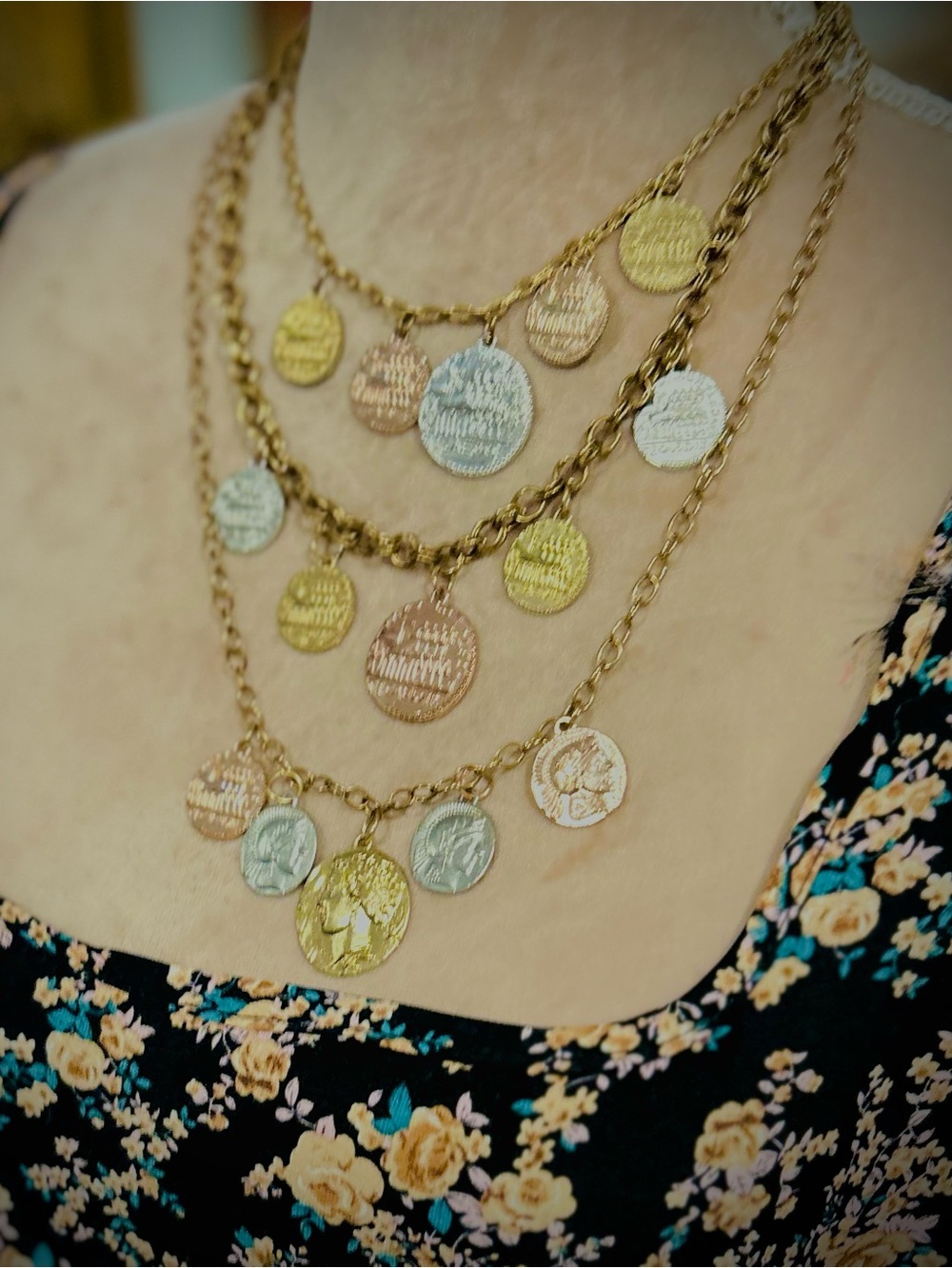 Layered Gypsy Coin Charm Necklace Athena Feminist Greek style coins